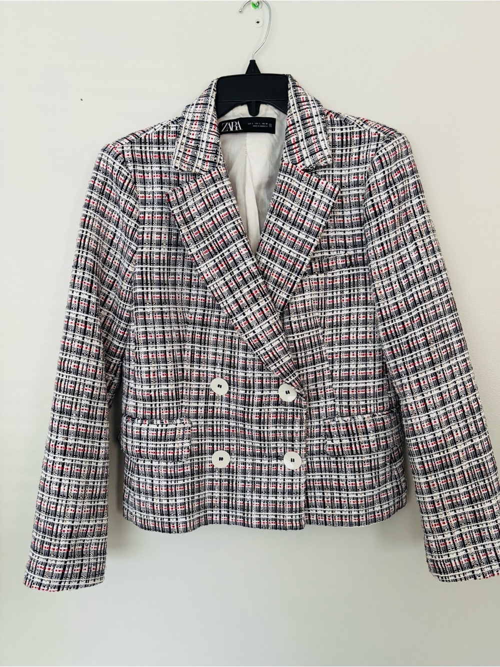 Zara Pink Black White Tweed Double-Breasted Blazer size L